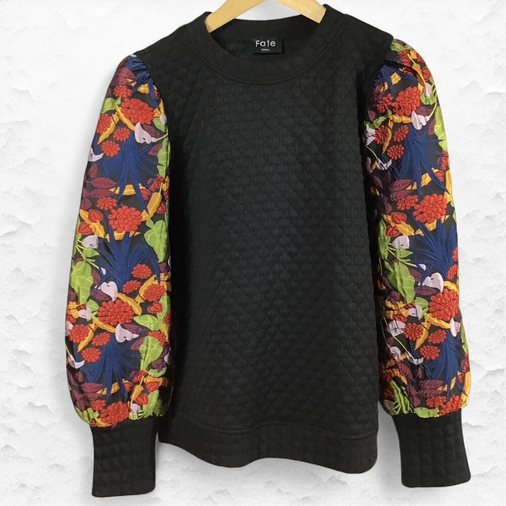 Fate Black Quilted Sweater Women’s S – Baroque Embroidered Puff Sleeve Top